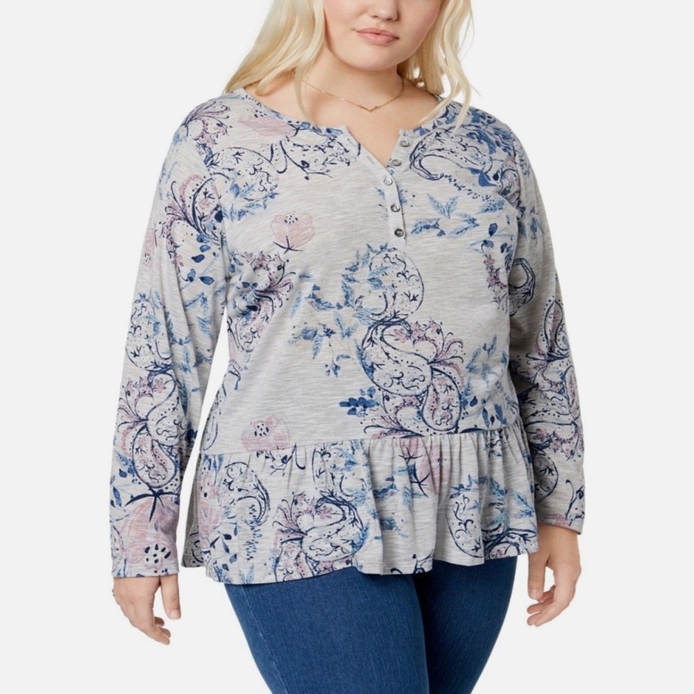 Style & Co. Womens Floral Henley Shirt Size 2X Gray Blue Pink